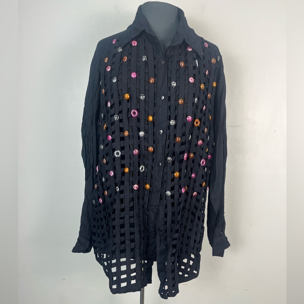 Vintage 90s XTC beaded net black long sleeve button down top size 2x